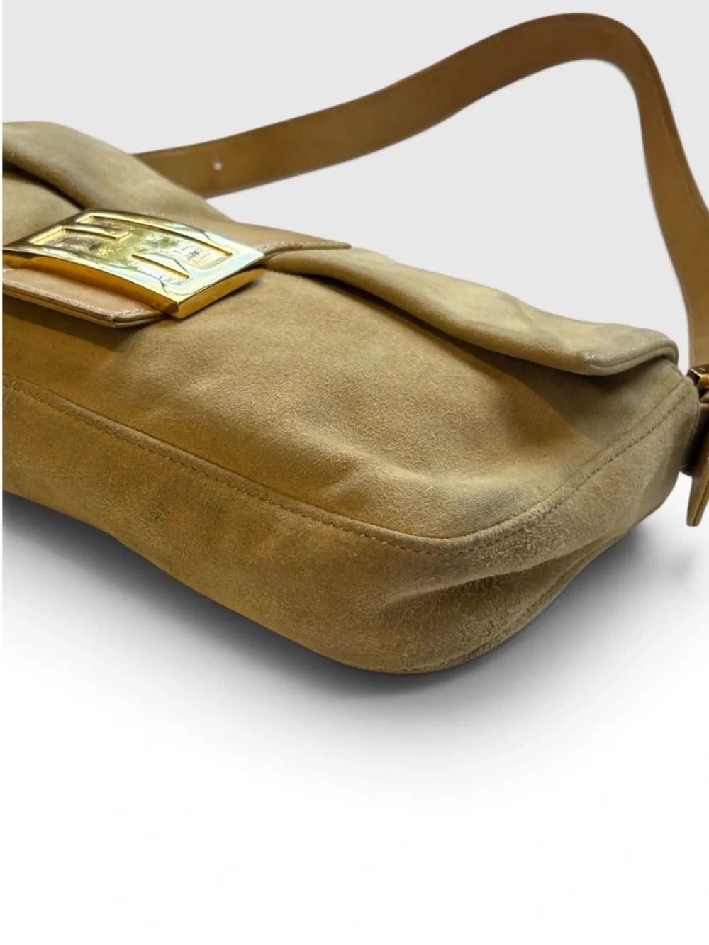 Fendi FF Logo Buttery Soft Camel Suede Baguette Bag Tan Gold